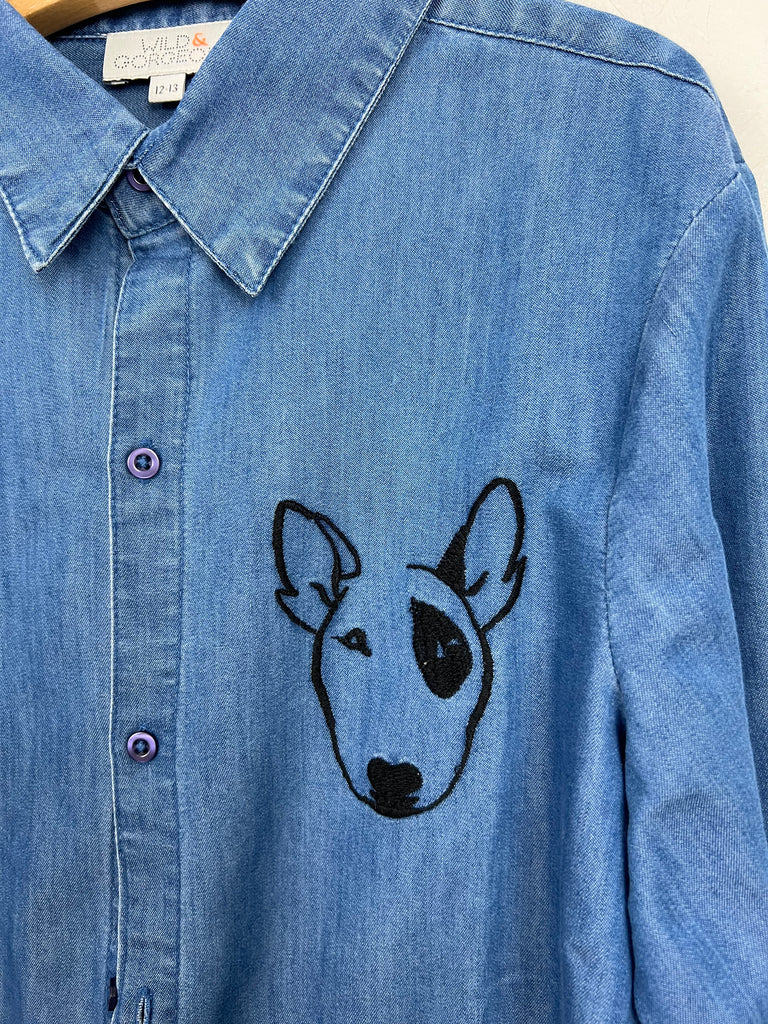 Pre loved luxury kids Wild & Gorgeous English Bull Terrier chambray shirt - Sweet Pea Preloved Clothes