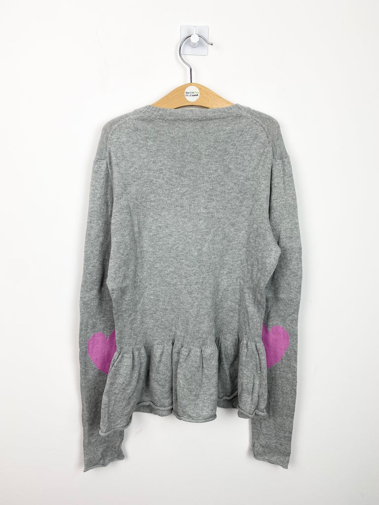 Pre Loved Girls Crew grey fine knit top with peplum hem & pink hearts to elbows 