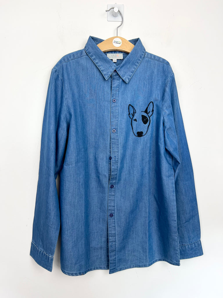 Second hand luxury kids Wild & Gorgeous English Bull Terrier chambray shirt - Sweet Pea Preloved Clothes