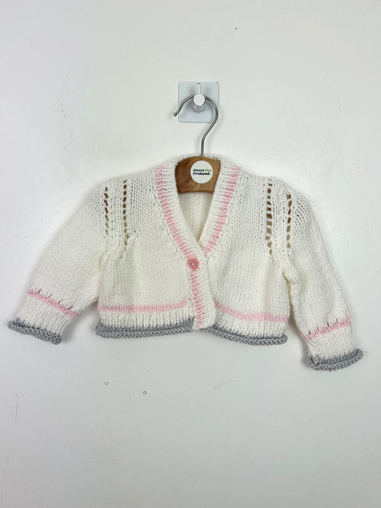 Newborn to 3m Hand Knit White pink grey cardigan - Sweet Pea Preloved Clothes